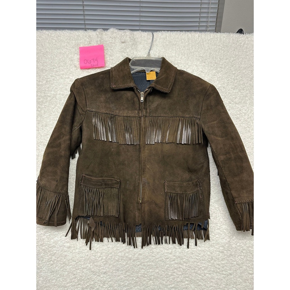 Vintage Kids Brown Suede Leather Fringe Western Cowboy Jacket Zip Front Coat